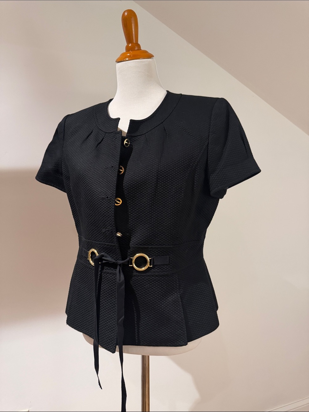 Tahari Arthur S Levine Black Short-Sleeve Button-Front Top with Gold Ring Detail